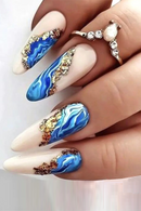 Almond Press on Nails Medium Fake Nails Pink Acrylic False Nails with Blue Marbling Designs