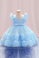 Summer Little Flying Sleeves Applique Bow Tie Girls Puffy Dress Birthday Party Wedding Flower Boy Christmas Dress