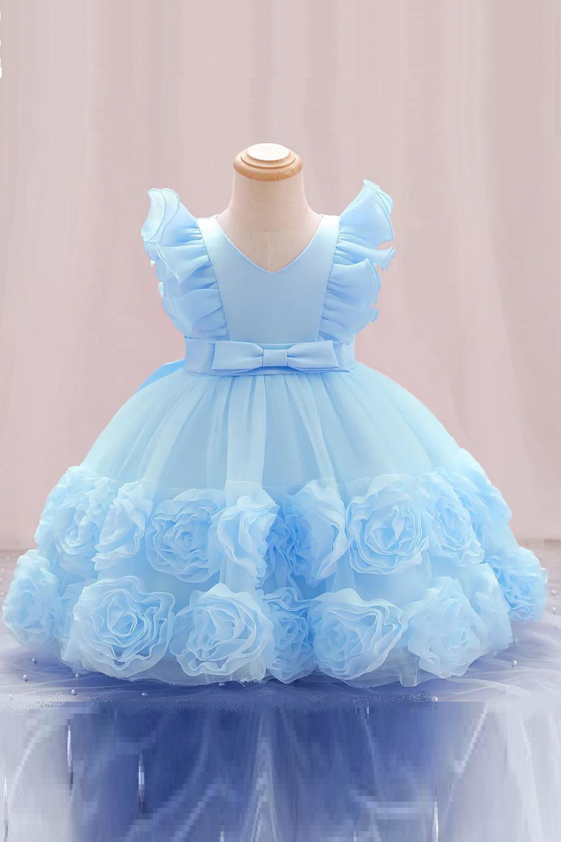 Summer Little Flying Sleeves Applique Bow Tie Girls Puffy Dress Birthday Party Wedding Flower Boy Christmas Dress