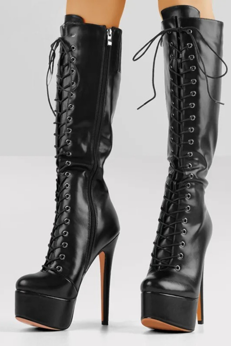 Women Platform The Knee High Boots Front Lace-Up Thin Heel Stiletto Stretch Big Size Winter Woman Boots