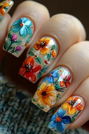 24pc Flower Pattern Design Fake Nails Rectangular False Nails Full Cover Press on Acrylic Nails Unique Nail Tips with Jelly Glue