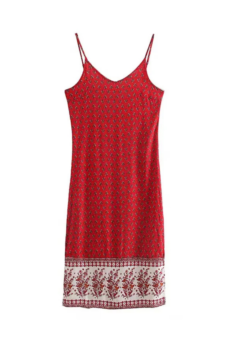 Floral Sling Dress Summer Holiday Woman Side Slit Spaghetti Strap Midi Beach