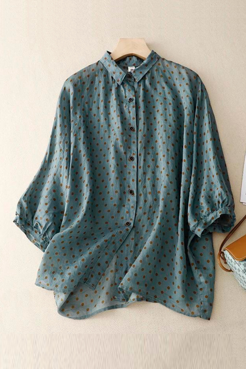 Summer Ethnic Literary Polka Dot Blouse Thin Women Hemp Shirts Casual Loose Tops