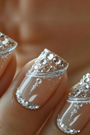 24Pcs Glitter French Press on Nails Short Square Acrylic False Nails with Flower Diamonds Sweet Cool Black Fake Nails