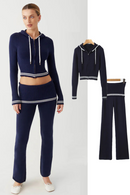 Hooded Knitted Sweatshirt Low Waist Tight Casual Pants Two Pieces Set Women
