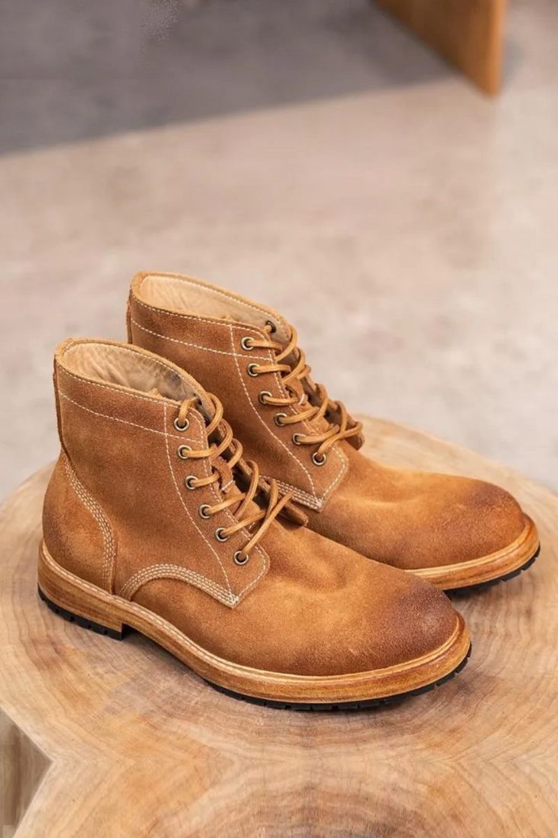 Handmade Mens Retro Real Suede Leather Mid Heel Shoes Work Lace Up Thick Platform Wear Resistant Boots