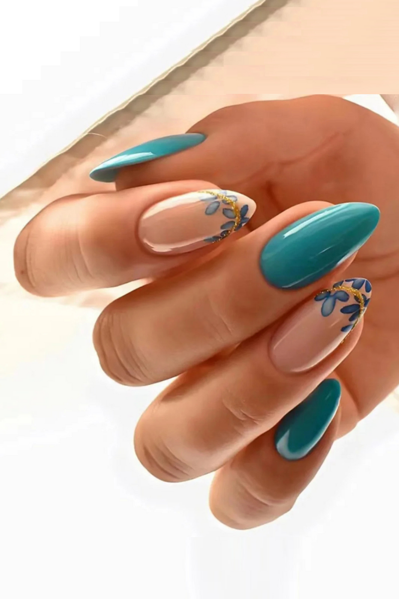 Round Head Press on Nails Green Almond Glitter Design False Nails Wearable Fake Nails Sets