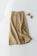 Women Elegant Cotton Skirts Autumn High Waist Casual Button A-line Midi Skirts