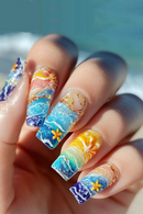 24pcs Summer Beach Style Press On Nails Gradient Blue Ocean Starfish Nail