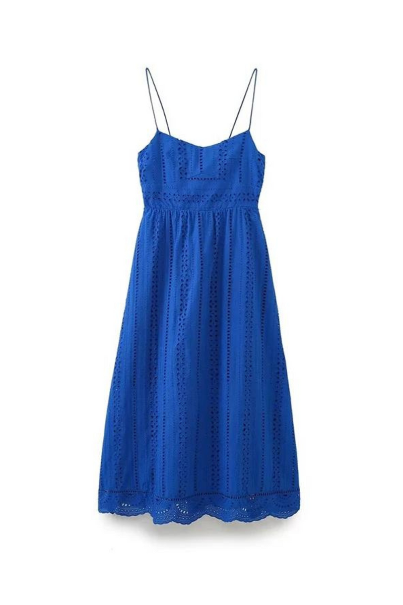 Women Hollow Out Embroidery Blue Spaghetti Strap Dress Female Midi Summer Dresses