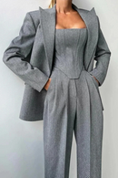 Top Blazer Pants Sets 3 Pieces For Women Solid Jacket Crop Tops High Waist Pocket Pant Lady Office Set