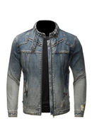 Men Rivet Denim Jacket Casual Biker Coat Stand Collar Gradient Color Retro Outerwear
