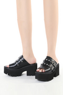 Heels Sandals for Women Open Toe Heels Cute Slip-on Mule Shoes Belt Buckle Black Leather