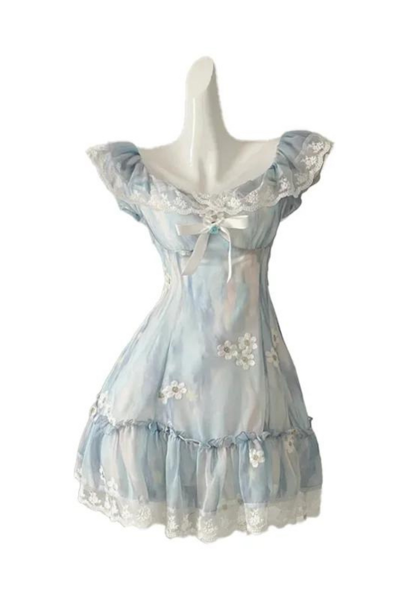Women Blue Lace Bow Dress Vintage Elegant Sleeveless Kawaii Flower Dresses
