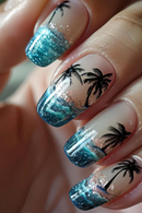 Summer Ocean Press on Nails with Coconut Tree Patterns Glitter