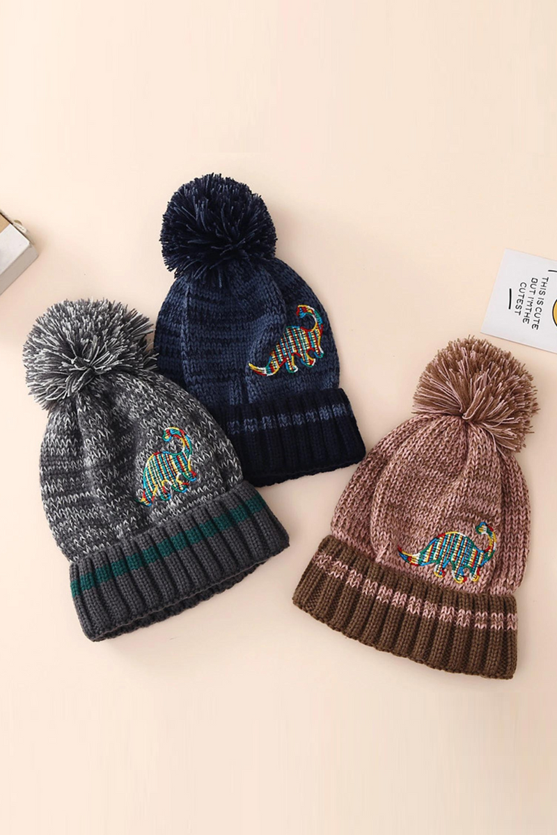 Autumn Kid Boys Knit Beanie Soft Lightweight Embroidery Cartoon Winter Cap Ball