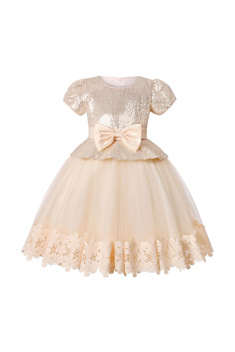 Girl Sequins Christmas Dress Lace Hem Kids Birthday Princess Clothing Toddler Infant Golden Bow Children Gowns