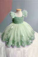 Elegant Applique Flower Girl Dress Wedding Butterfly Feather luxury With Pearls Bow Puffy