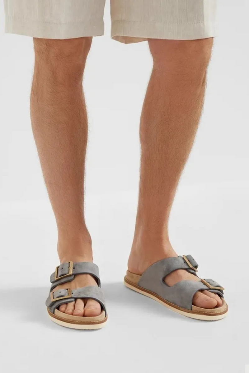 Mens Genuine Leather Slippers Summer Footwear Breathable Beach Shoes Buckle Nubuck Leather Slides