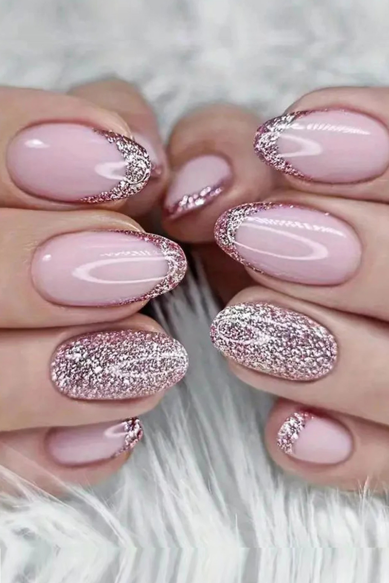 24Pcs Almond Glitter False Nails Short Full Finished for Women French Style Full Cover Press on Nail Tips