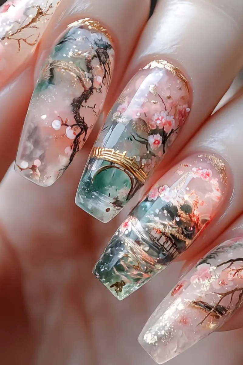 24pcs Wearable Nails Sets Flower Long False Nail Finished Glitter Ballet Press on Nails Tips Manicure