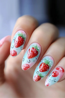 Nails Summer Strawberry Realistic Press on Nails Almonds Artificial Finger Nails with Charms Removable