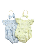 Baby Romper with Hairband Kids Floral Round Neck Fly Sleeve Bodysuit Headband for Summer