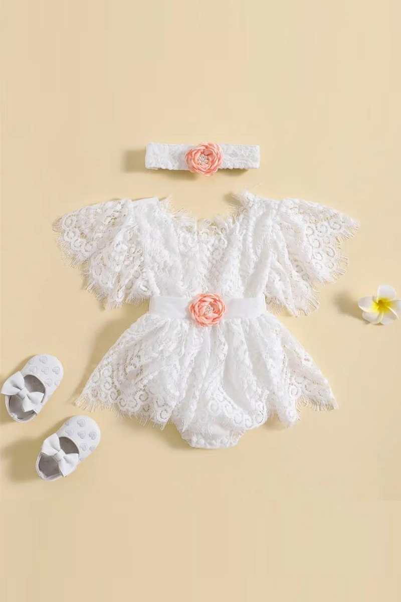 Summer Infant Baby Girl Outfits Short Sleeve Flower Front Lace Bodysuit Dress Clothes
