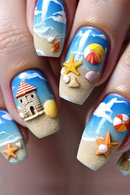 Summer Beach Press on False Nails Cloud Pattern Nails Art Medium Fake Nails Acrylic Ocean False Nails