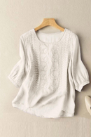 Summer Elegant Shirts Women Retro Cotton Linen Embroidery Blouse
