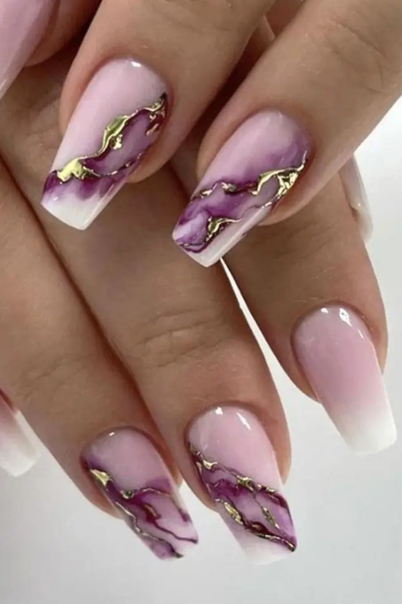 nails set accessories long coffin tips blue marble faux press on acrylic false nail art