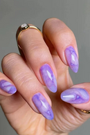 Wearable Almond Fake Nail with Halo Stained Purple Design Short Oval False Nails Round Head Press on Nails