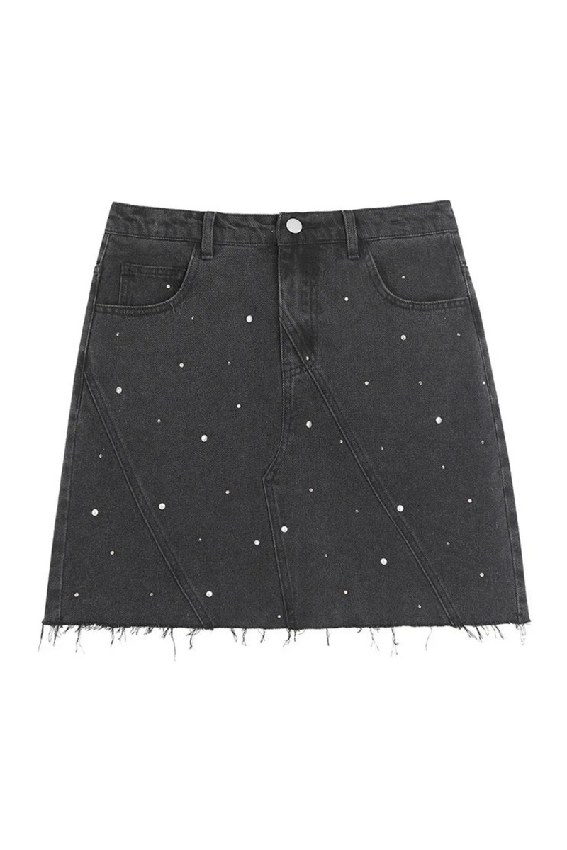 Black rivet diamond denim skirt Women summer retro bodycon raw mini skirts
