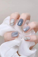 Handmade Nail Tips Gray Blue Stick-on Nails for Gluing Ready Short Press on Nails