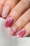 Pink Purple Almond French Fake Nails 24Pcs Glossy Eyes Press On Nails Bowknot Decor Reusable False Nails Art