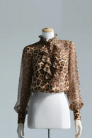 Women Leopard Mesh Tops Stand Neck Long Sleeve Ruffles Blouses Elegant T-shirt Female Tops