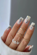 Nails Mid-length Square Head Fake Nail with Golden Blue Leaves Design Press on Nails Full Cover Nail Tips
