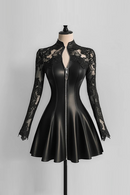 Leather Lace Patchwork Waist-Cinching Dress Autumn Winter Mini Dress