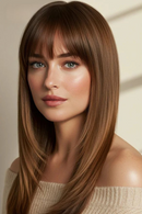 Brown Long Straight Human Hair Wigs With Bangs For Women Hair