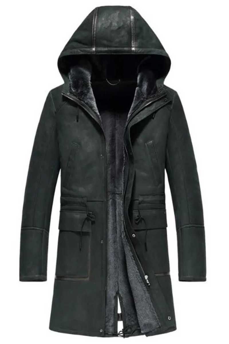 Mens Long Coat Men Shearling Coat Men Leather Parkas Olive Green Shearling Jacket For Men