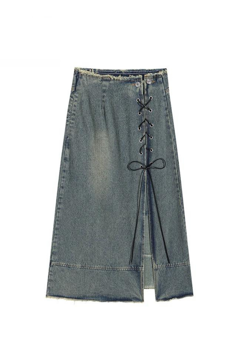 Denim Skirt Women's Vintage Classical Cozy Split Hem Blue Lace Up Skirt Office Lady Autumn Winter