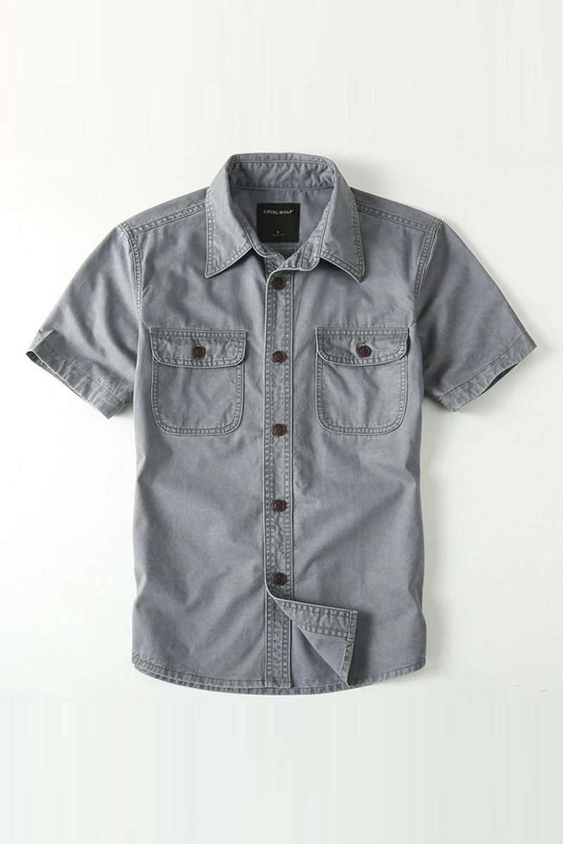Cargo Shirts Men Summer Short Sleeve Shirt Cotton Vintage Solid Shirts Jacket Male