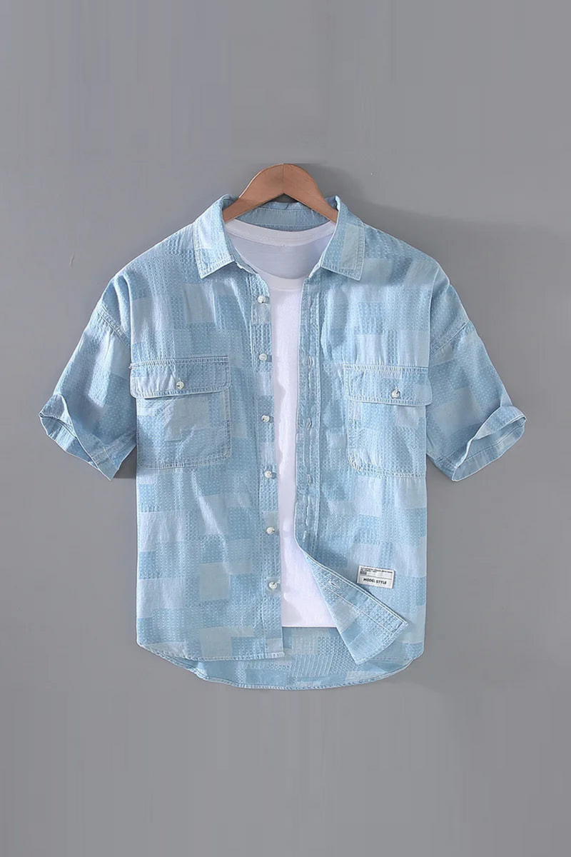 Denim Plaid Men Shirts Summer Short Sleeve Loose Casual Tops