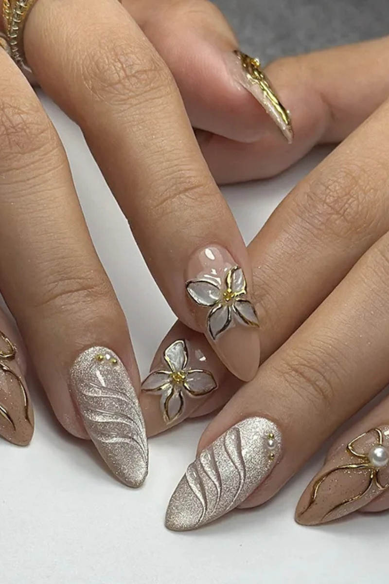 Gold-Edged Floral Pearls with Bow Accents Pearl-Finish Waves and Fine Glitter Press-On Nail Perfect for Girl