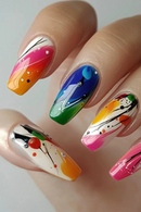 24pcs Nails Press On Nails Fashion Gradient False Nails with Graffiti Designs Long Ballerina Wearable