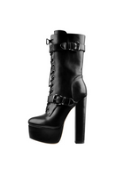 Women Black Matte Platform Zipper Ankle Boots Round Heels Heeled Metal Plates Buckle  Boots
