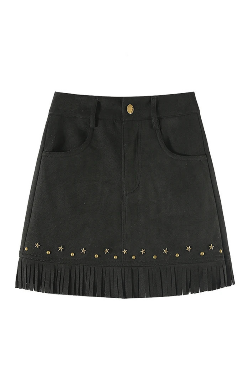 Women Aesthetic Mini Suede Skirt Tassels High Waist Coquette Chic