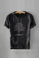 Embroidery Black T Shirts Men Linen Round Neck Embroidered Casual T-Shirt For Men Tops