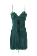 Spliced Lace V neck Satin Corset style Mini Sling Dress Women Slit Hem Bodycon