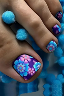 24pcs Blue Purple Flowers False Toe Nails with Designs Summer Press On Nails Gradient Foot Fake Nails